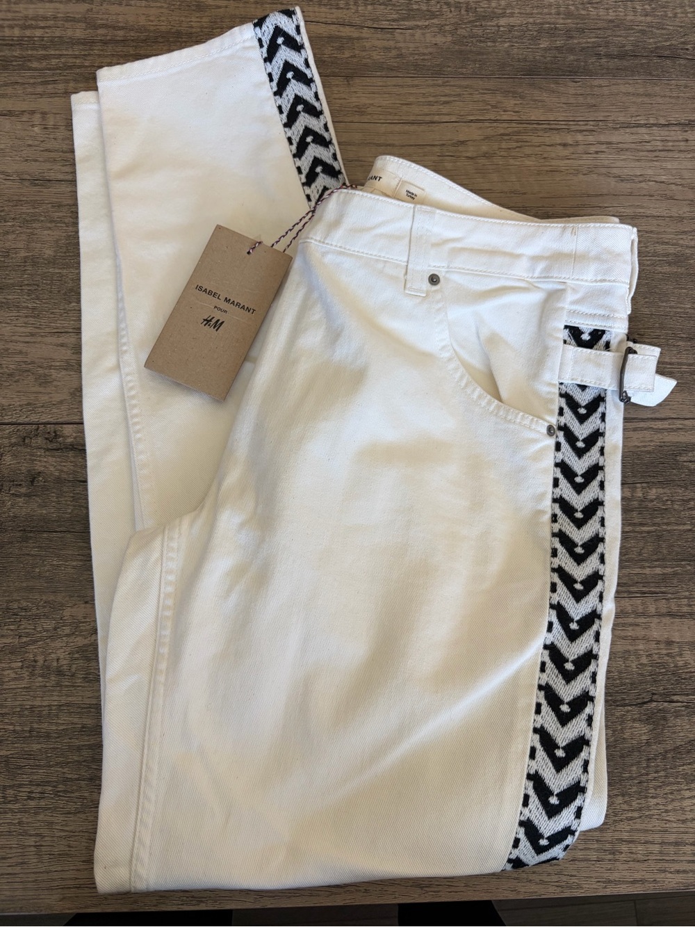 Isabel Marant White Straight-Leg Jeans with Black Chevron Side Stripe